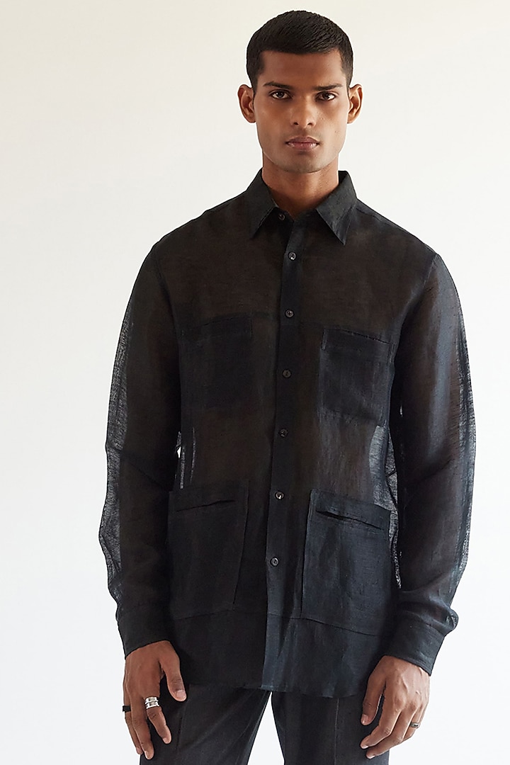 Black Linen Sheer Party Wear Shirt by Countrymade at Pernia's Pop Up Shop