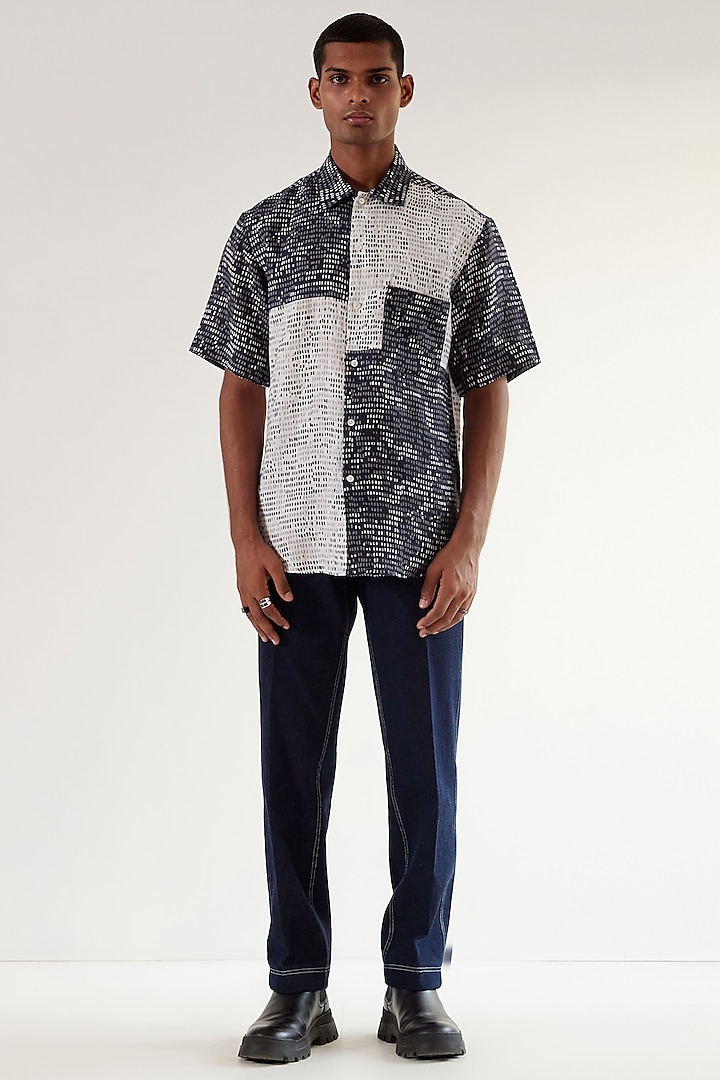 Navy Blue & White Linen Printed Shirt by Countrymade