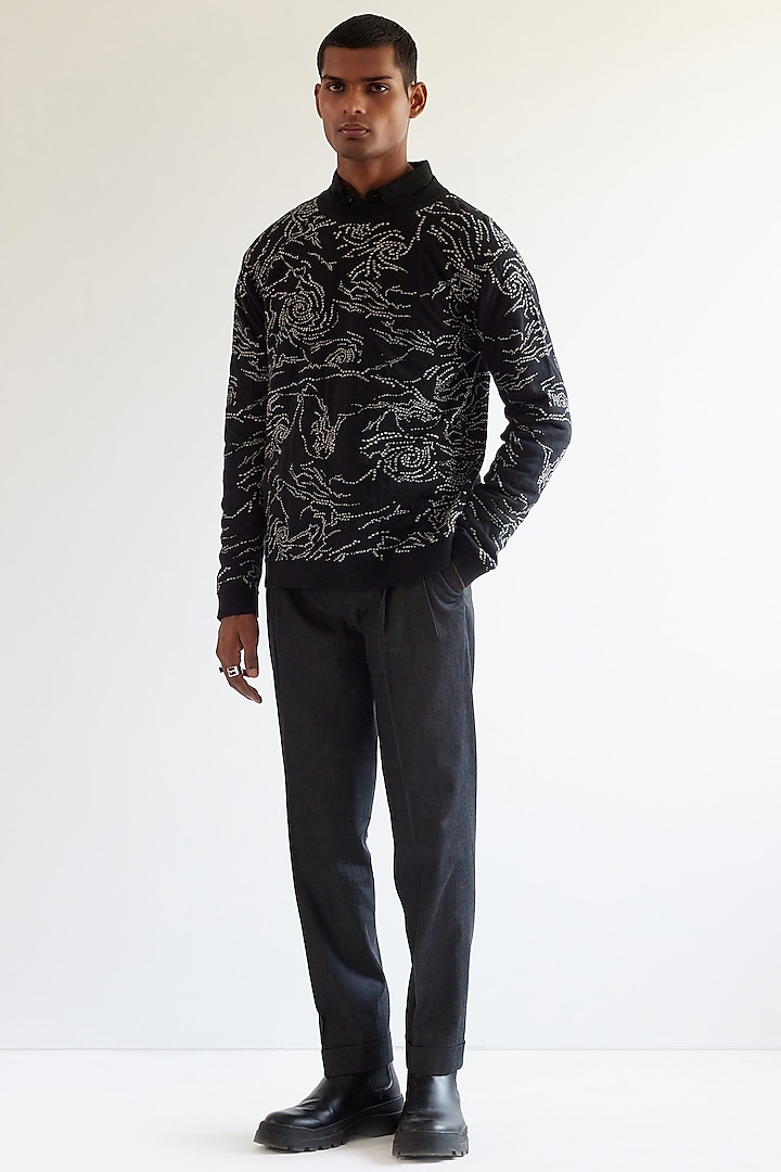 Black Cotton Jacquard Knit Sweater by Countrymade
