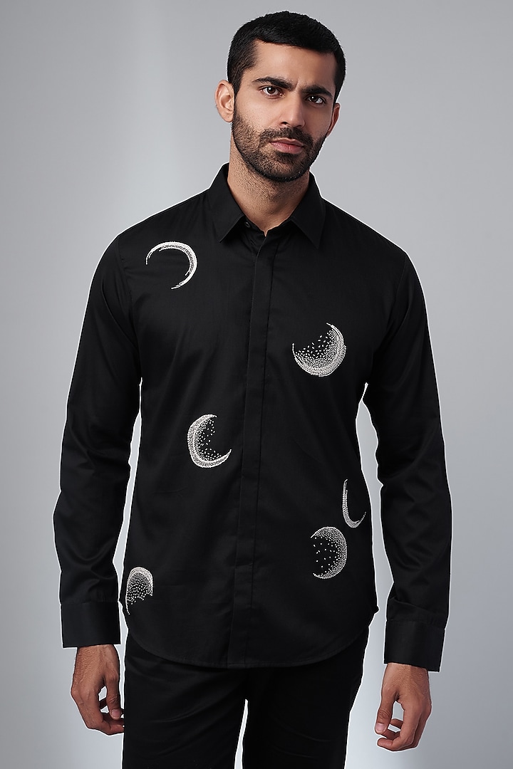 Black Cotton Satin Embroidered Shirt by Countrymade