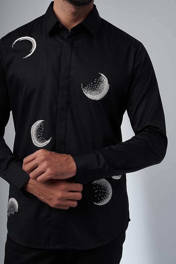 Black Cotton Satin Embroidered Party Wear Shirt by Countrymade at Pernia's Pop Up Shop