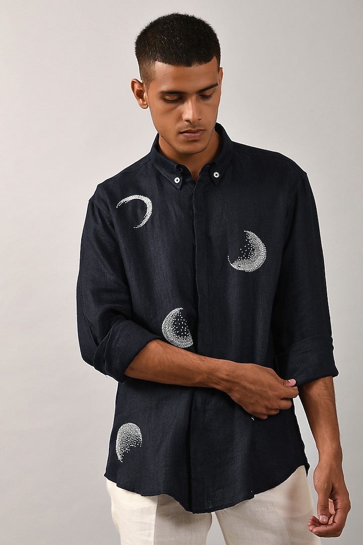 Black Cotton Satin Embroidered Party Wear Shirt by Countrymade at Pernia's Pop Up Shop