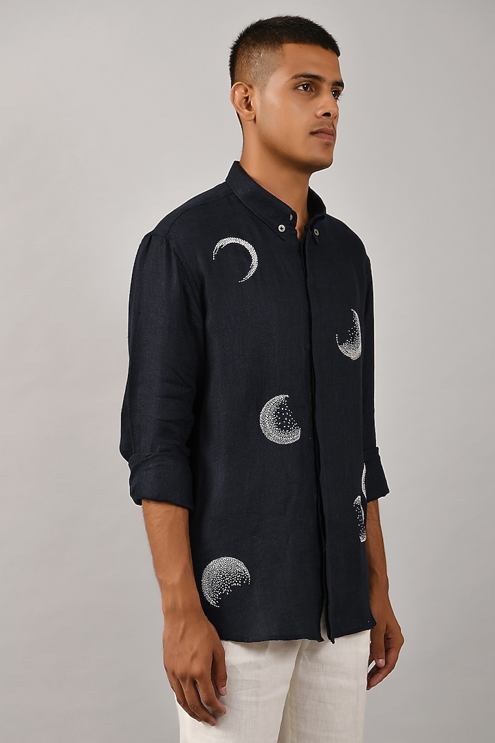 Black Cotton Satin Embroidered Party Wear Shirt by Countrymade at Pernia's Pop Up Shop