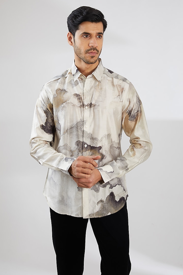 Ivory Silk Printed Shirt by Countrymade