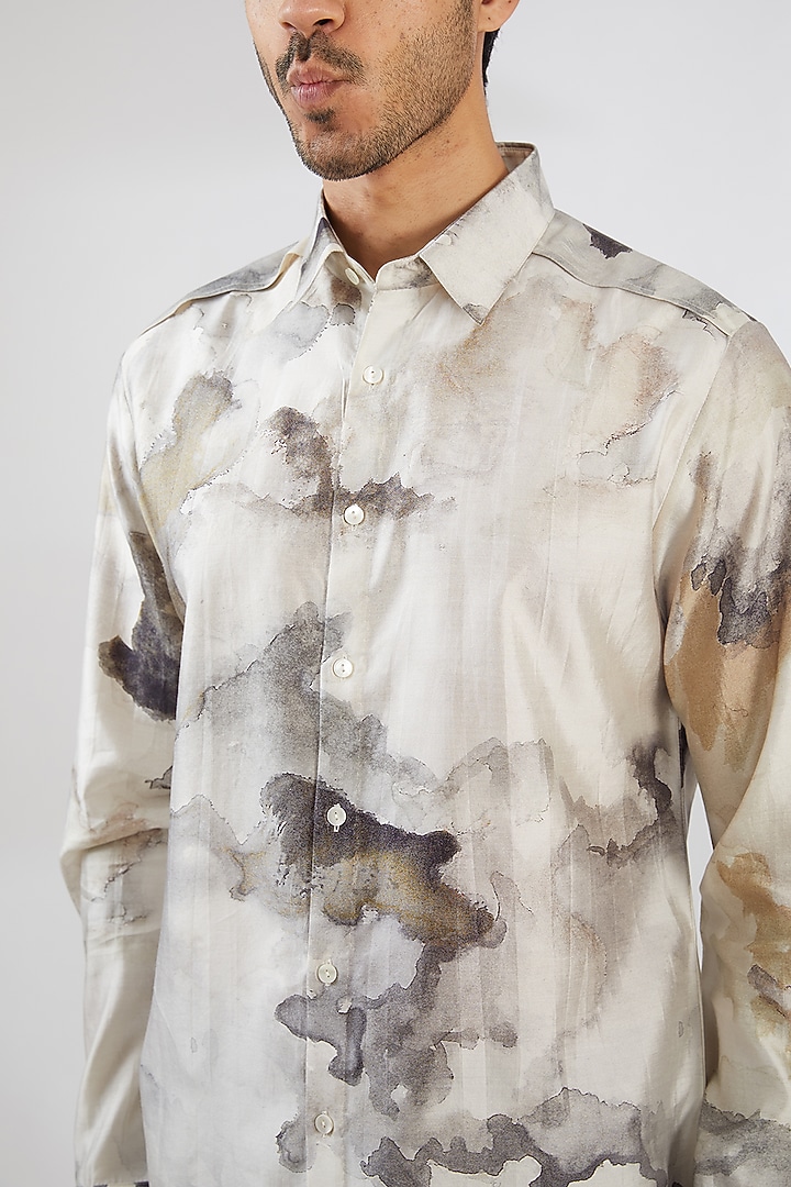 Ivory Silk Printed Wedding Shirt by Countrymade at Pernia's Pop Up Shop