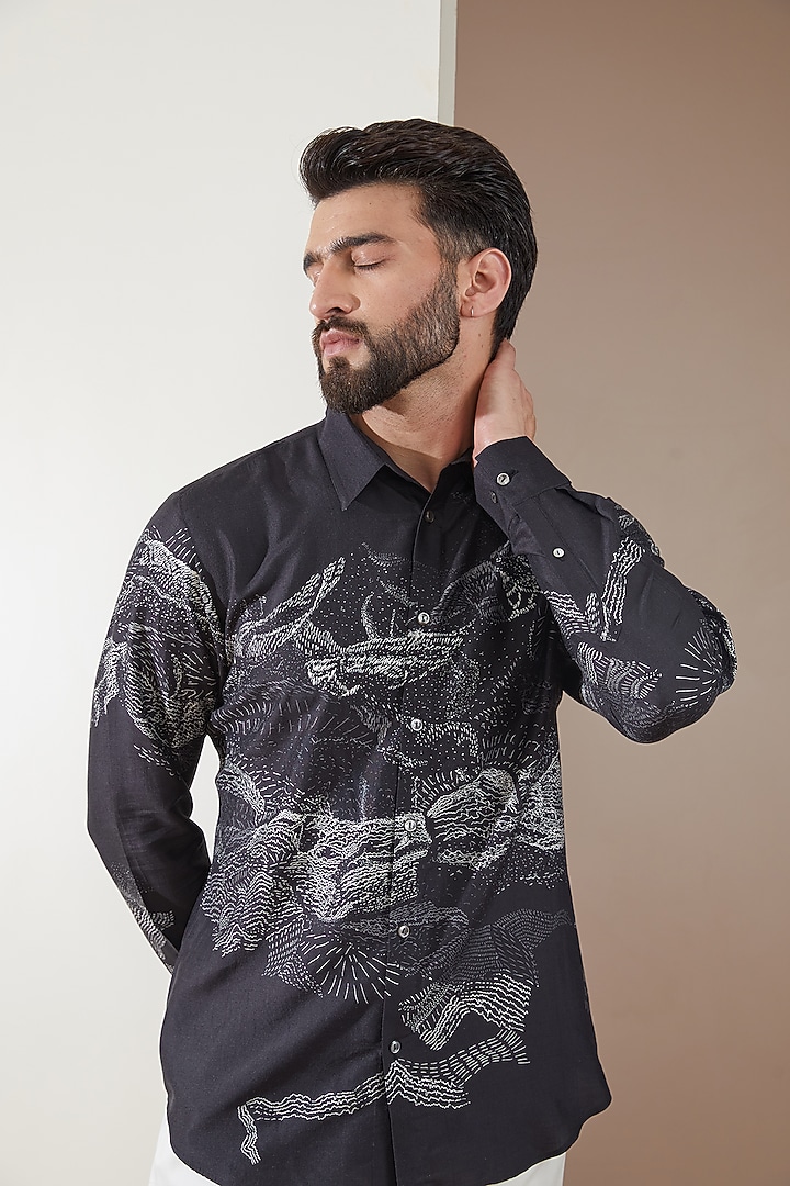 Black Silk Printed Wedding Shirt by Countrymade at Pernia's Pop Up Shop