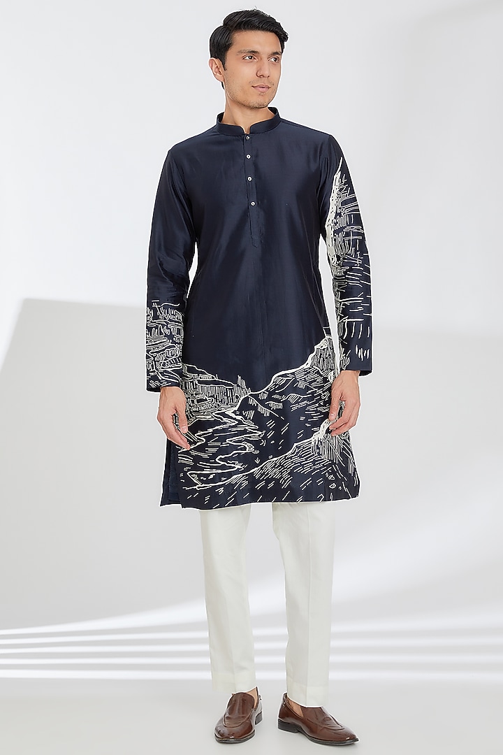 Navy Blue Chanderi Embroidered Kurta Set by Countrymade at Pernia's Pop Up Shop