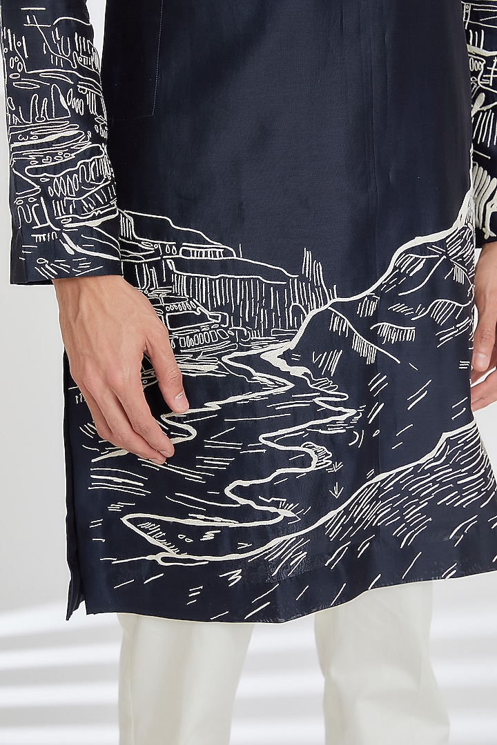 Navy Blue Chanderi Embroidered Kurta Set by Countrymade at Pernia's Pop Up Shop