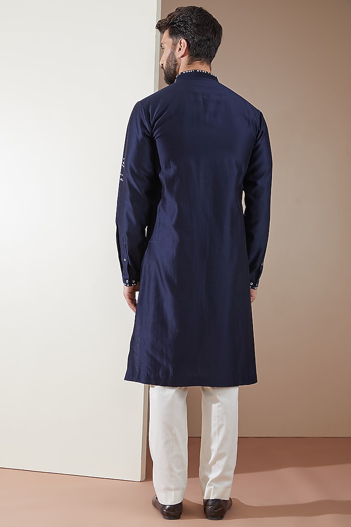 Navy Blue Chanderi Embroidered Kurta Set by Countrymade at Pernia's Pop Up Shop