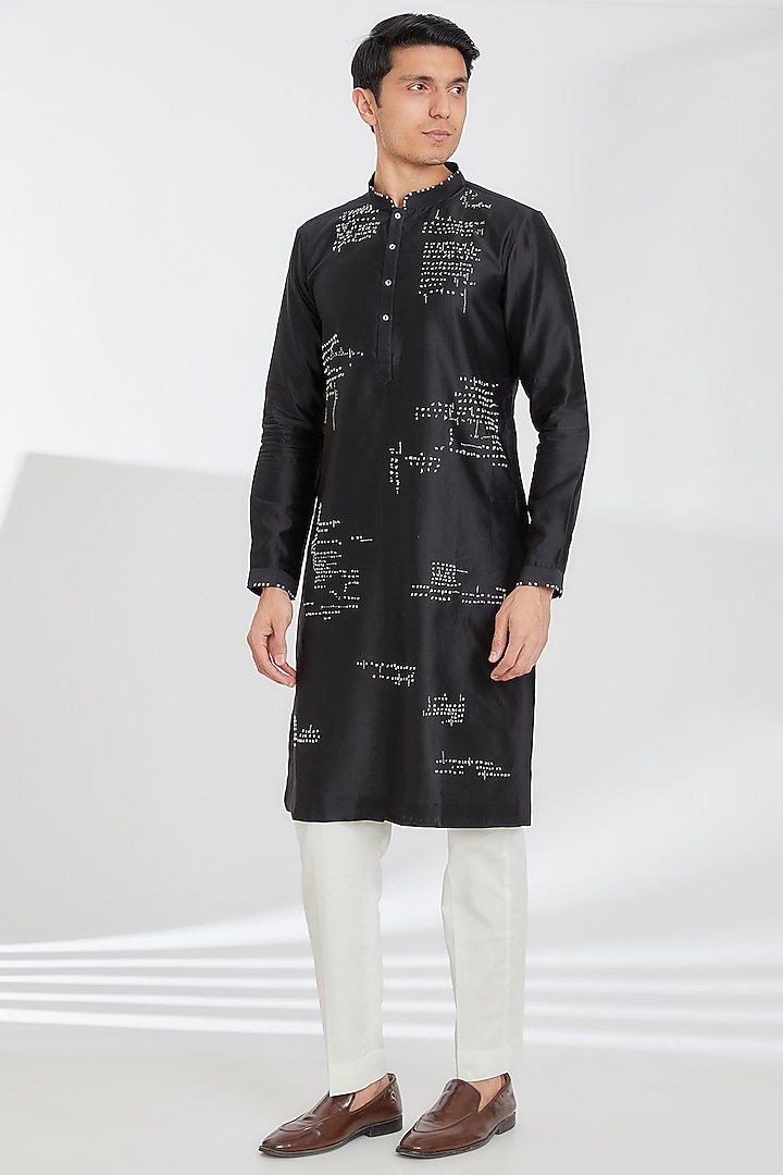 Black Chanderi Embroidered Kurta Set by Countrymade