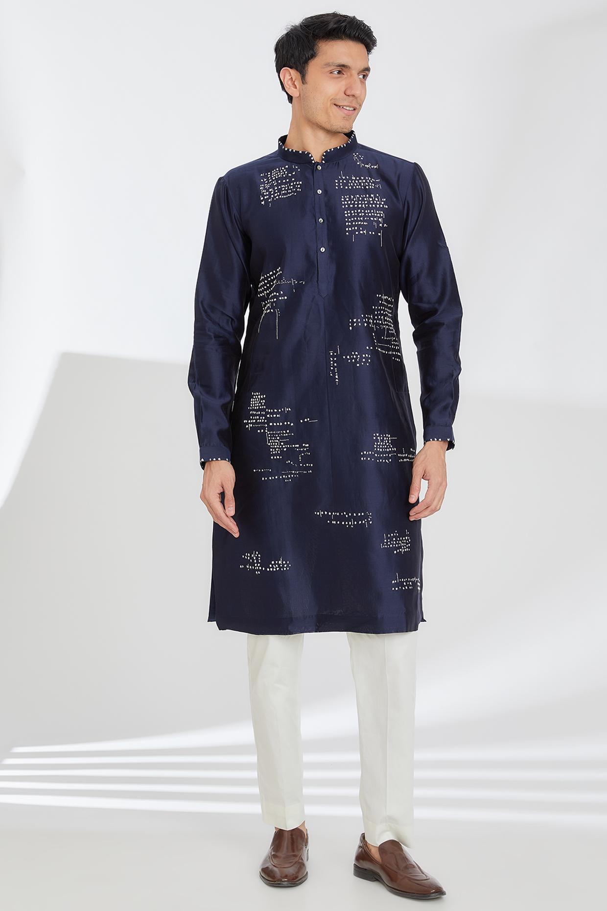 Navy Blue Chanderi Embroidered Kurta Set by Countrymade