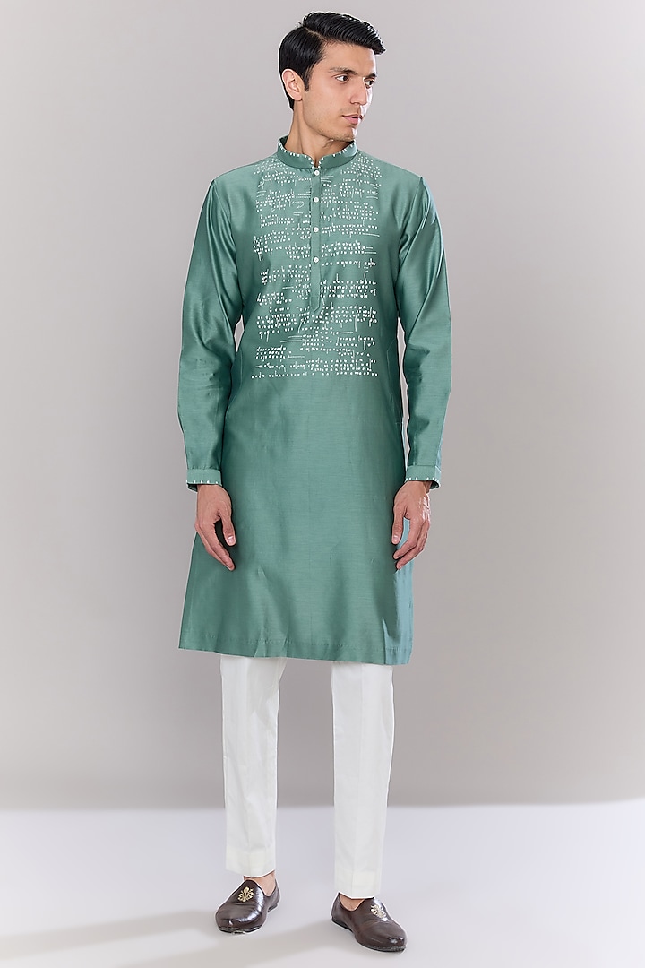 Teal Chanderi Hand Embroidered Kurta Set by Countrymade