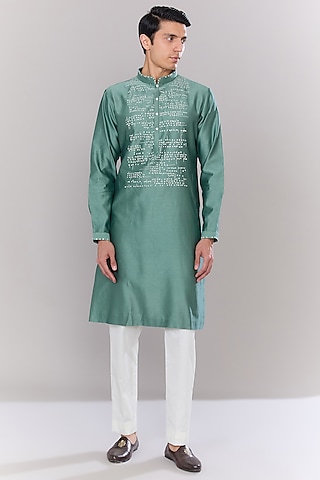 Sage Green Chanderi Hand Embroidered Kurta Set  by Countrymade