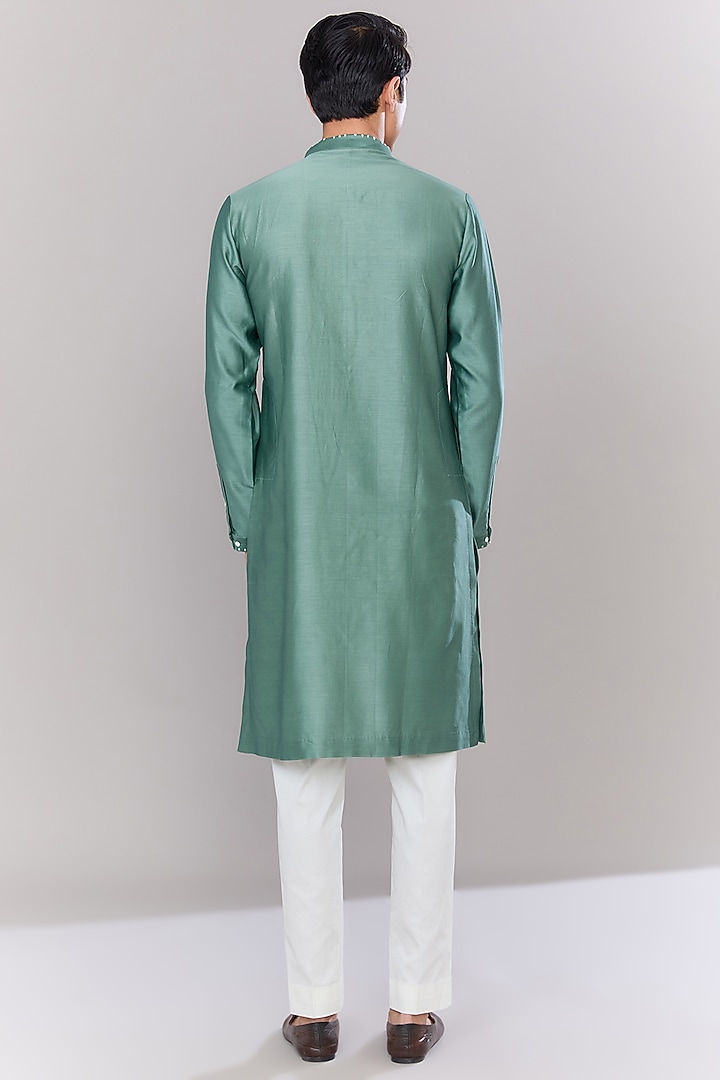 Sage Green Chanderi Hand Embroidered Kurta Set by Countrymade at Pernia's Pop Up Shop