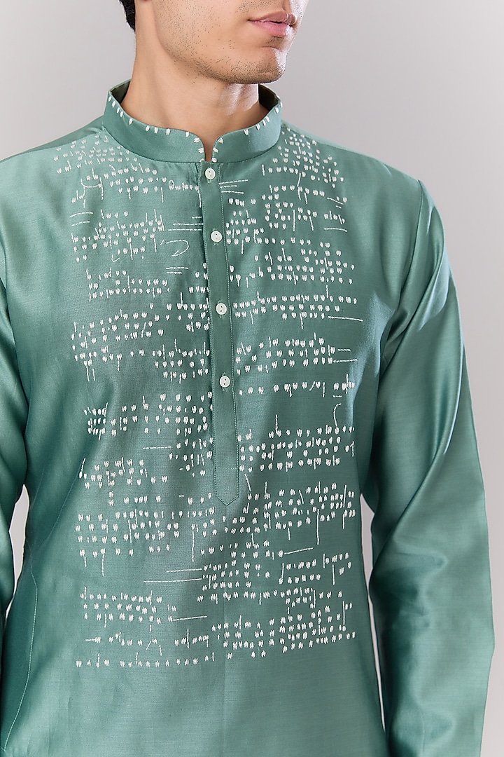 Sage Green Chanderi Hand Embroidered Kurta Set by Countrymade at Pernia's Pop Up Shop