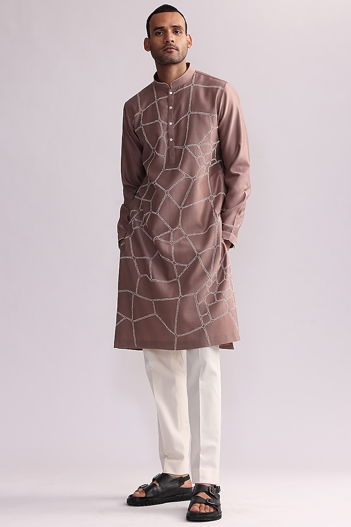 Sandstone Chanderi Embroidered Half-n-Half Kurta Set by Countrymade