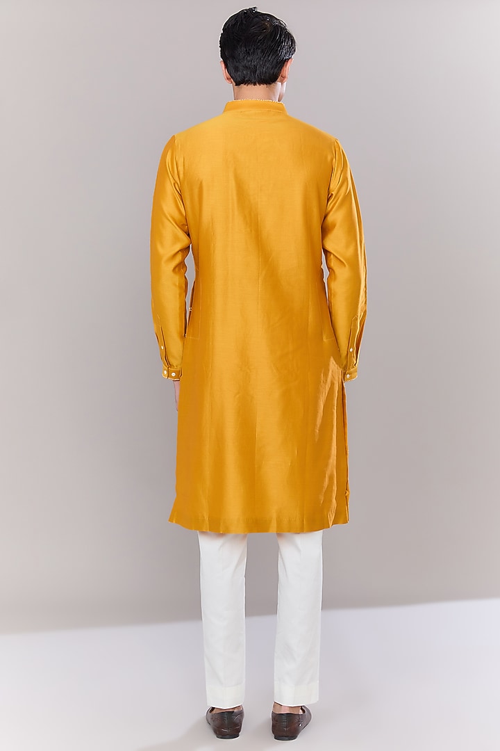 Mustard Chanderi Embroidered Kurta Set by Countrymade at Pernia's Pop Up Shop