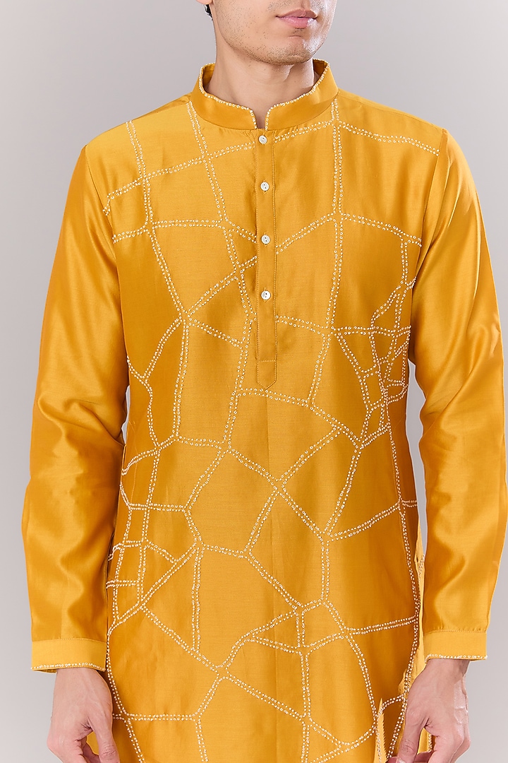 Mustard Chanderi Embroidered Kurta Set by Countrymade at Pernia's Pop Up Shop