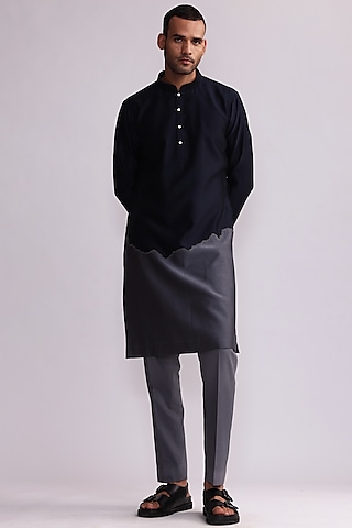 Navy Blue Chanderi Embroidered Half-n-Half Kurta Set by Countrymade