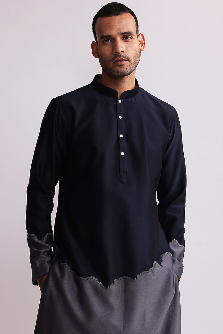 Navy Blue Chanderi Embroidered Half-n-Half Kurta Set by Countrymade at Pernia's Pop Up Shop