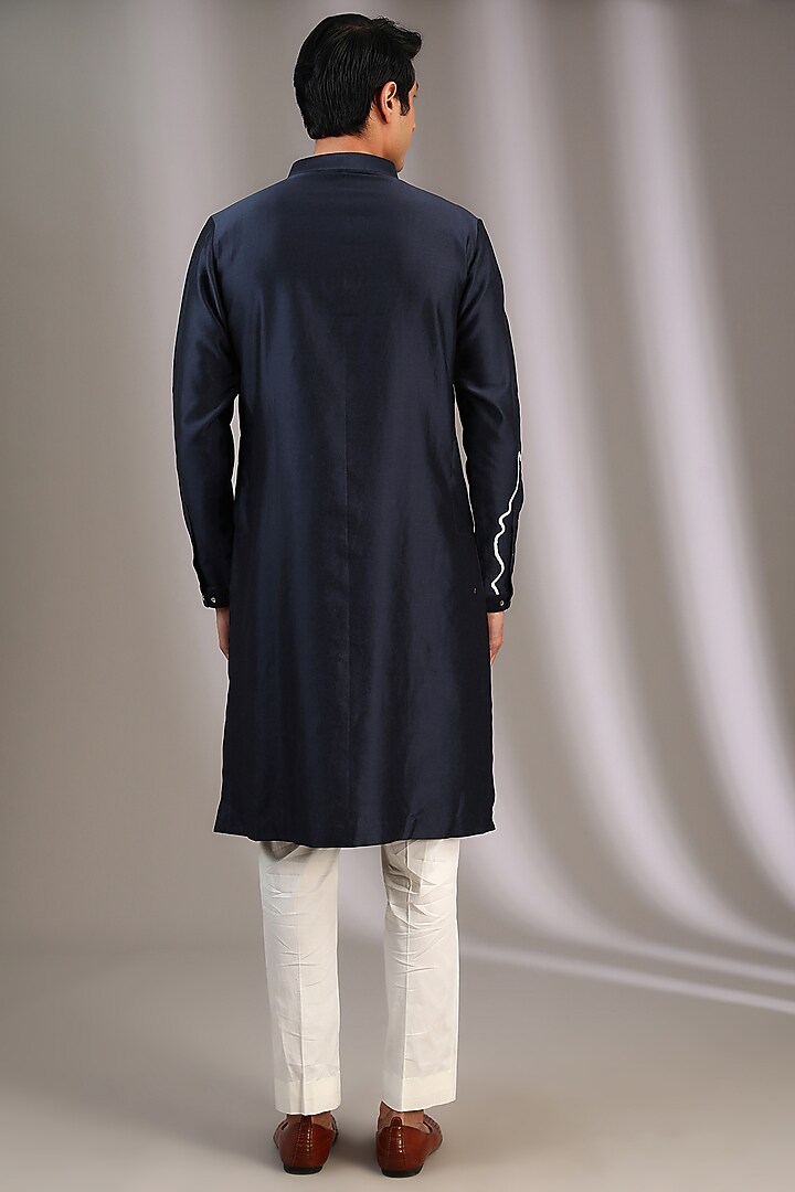 Navy Blue Chanderi Embroidered Kurta Set by Countrymade at Pernia's Pop Up Shop