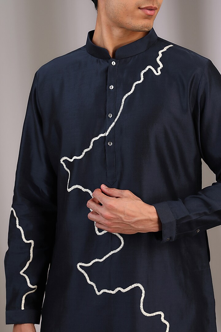 Navy Blue Chanderi Embroidered Kurta Set by Countrymade at Pernia's Pop Up Shop