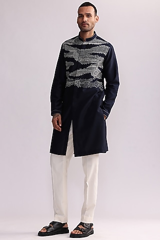 Navy Blue Chanderi Embroidered Kurta Set by Countrymade