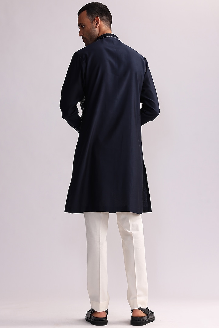 Navy Blue Chanderi Embroidered Kurta Set by Countrymade at Pernia's Pop Up Shop