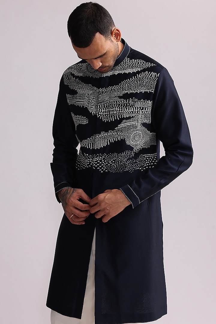 Navy Blue Chanderi Embroidered Kurta Set by Countrymade at Pernia's Pop Up Shop