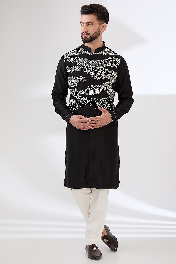 Black Chanderi Embroidered Kurta Set by Countrymade