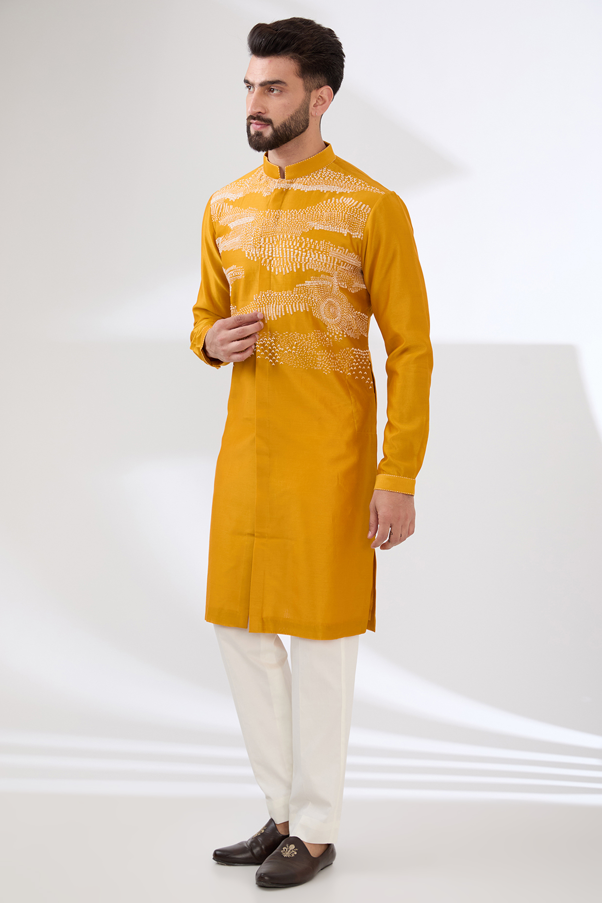 Yellow Chanderi Embroidered Kurta Set by Countrymade