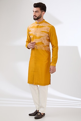 Yellow Chanderi Embroidered Kurta Set by Countrymade