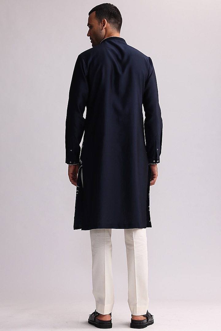 Navy Blue Chanderi Embroidered Kurta Set by Countrymade at Pernia's Pop Up Shop
