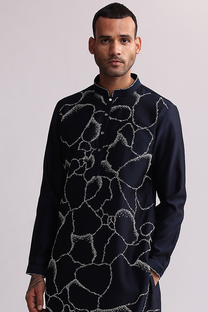 Navy Blue Chanderi Embroidered Kurta Set by Countrymade at Pernia's Pop Up Shop