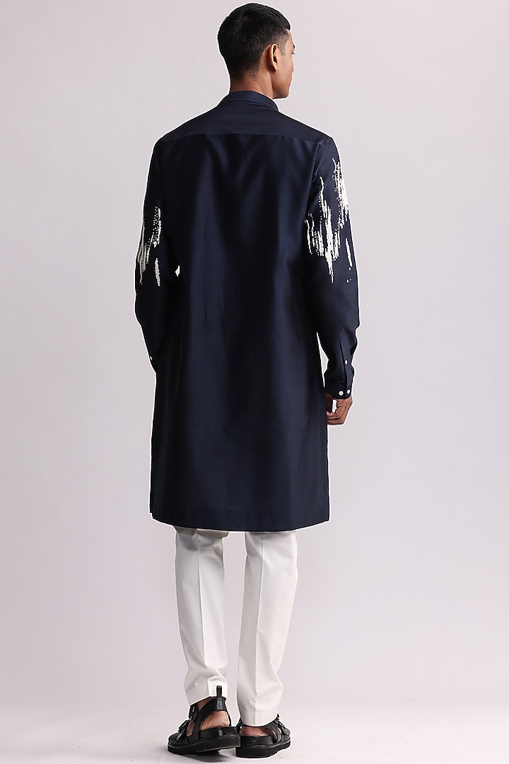Navy Blue Chanderi Embroidered Kurta Set by Countrymade at Pernia's Pop Up Shop