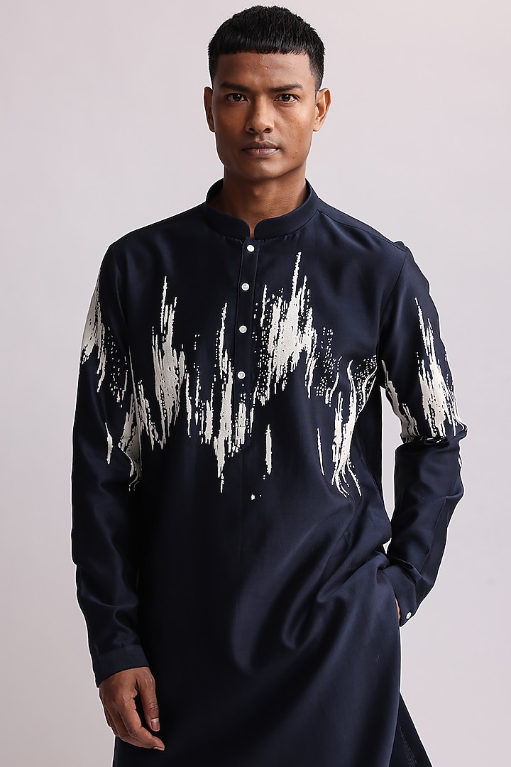 Navy Blue Chanderi Embroidered Kurta Set by Countrymade at Pernia's Pop Up Shop