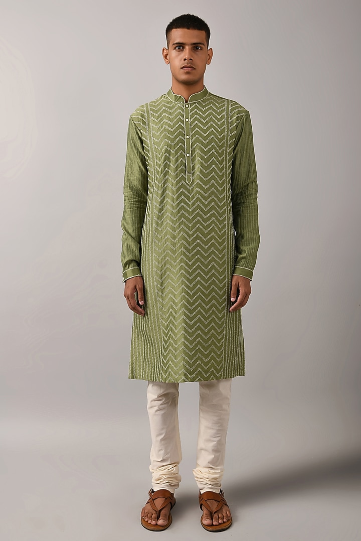 Sage Green Chanderi Hand Embroidered Chevron Kurta Set by Countrymade at Pernia's Pop Up Shop