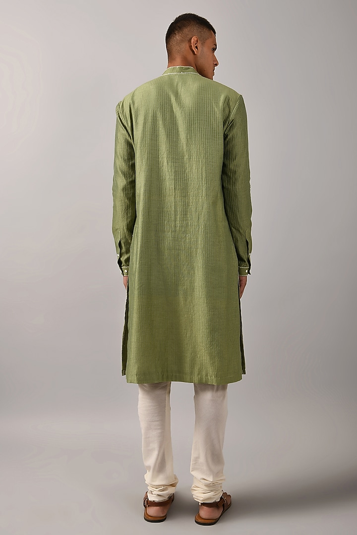 Sage Green Chanderi Hand Embroidered Chevron Kurta Set by Countrymade at Pernia's Pop Up Shop