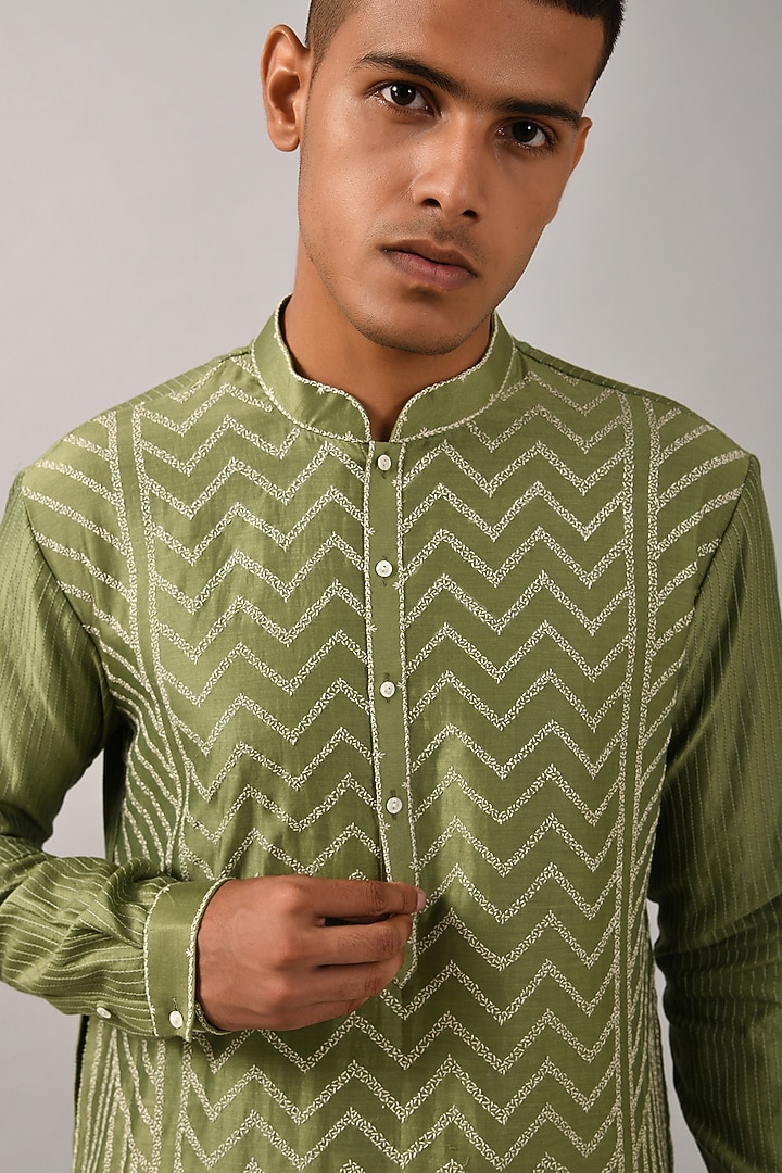 Sage Green Chanderi Hand Embroidered Chevron Kurta Set by Countrymade at Pernia's Pop Up Shop