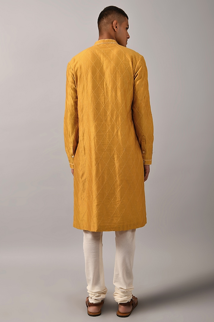 Mustard Chanderi Hand Embroidered Kurta Set by Countrymade at Pernia's Pop Up Shop