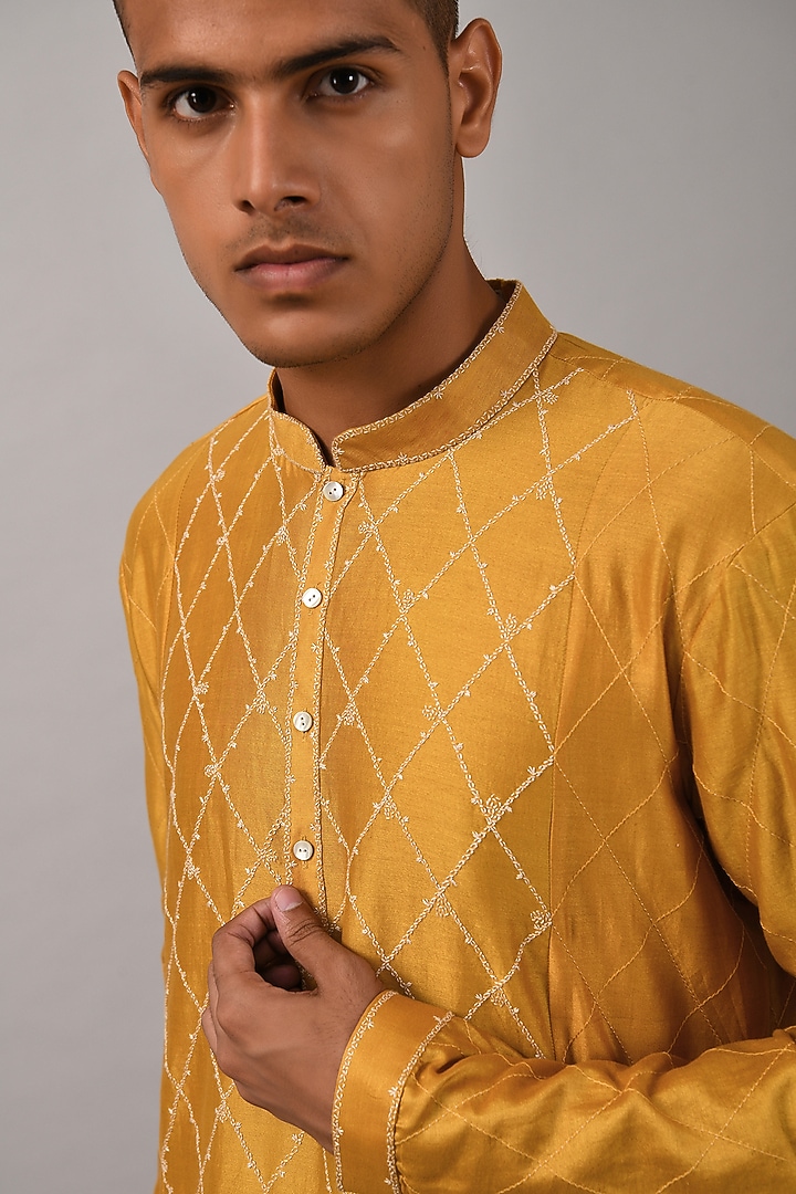 Mustard Chanderi Hand Embroidered Kurta Set by Countrymade at Pernia's Pop Up Shop