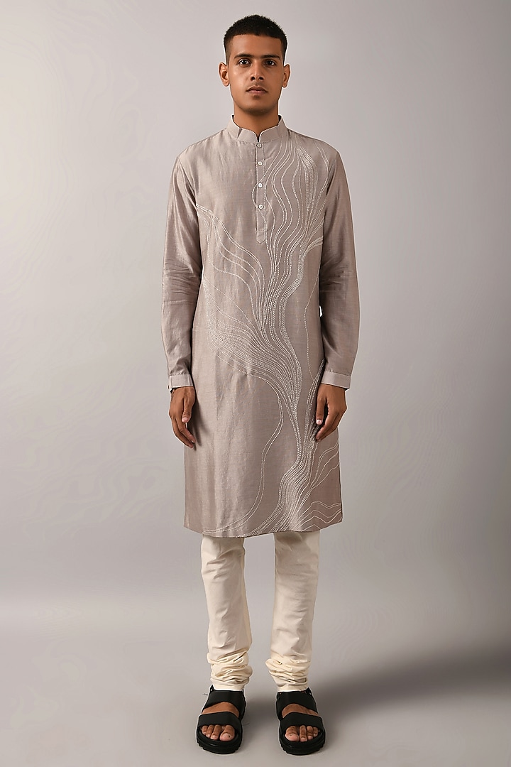Grey Chanderi Hand Embroidered Kurta Set by Countrymade at Pernia's Pop Up Shop
