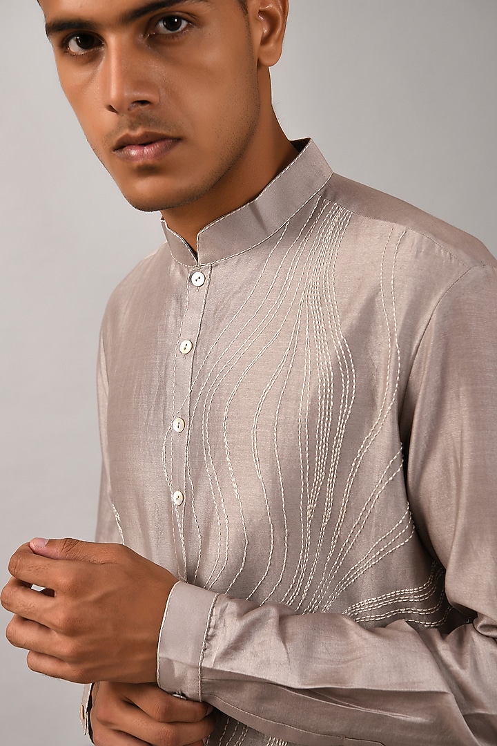 Grey Chanderi Hand Embroidered Kurta Set by Countrymade at Pernia's Pop Up Shop