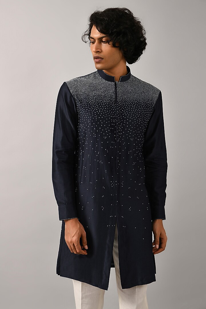 Navy Blue Chanderi Hand Embroidered Kurta by Countrymade at Pernia's Pop Up Shop