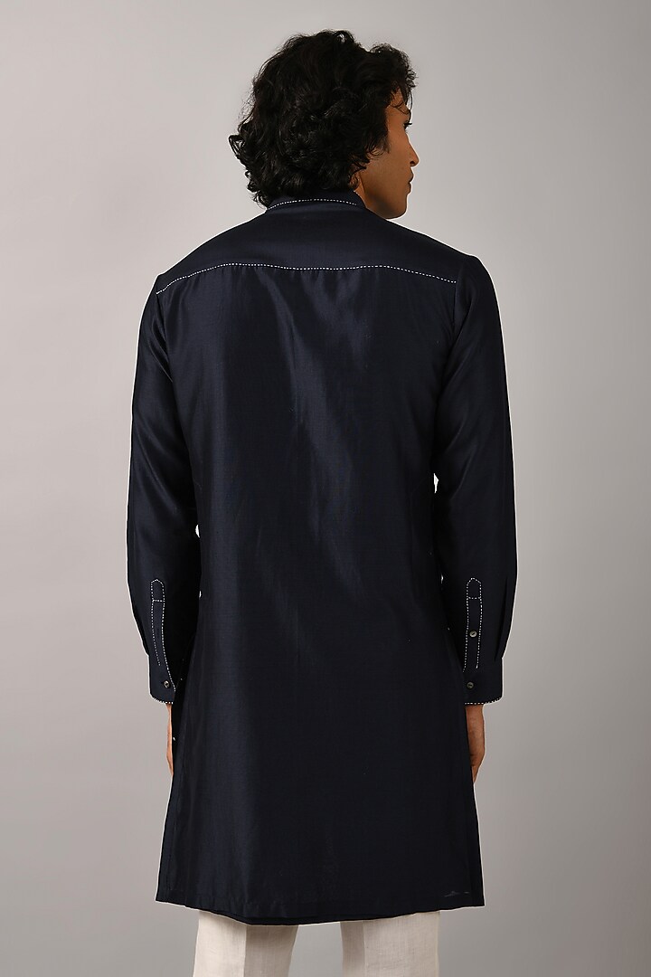 Navy Blue Chanderi Hand Embroidered Kurta by Countrymade at Pernia's Pop Up Shop