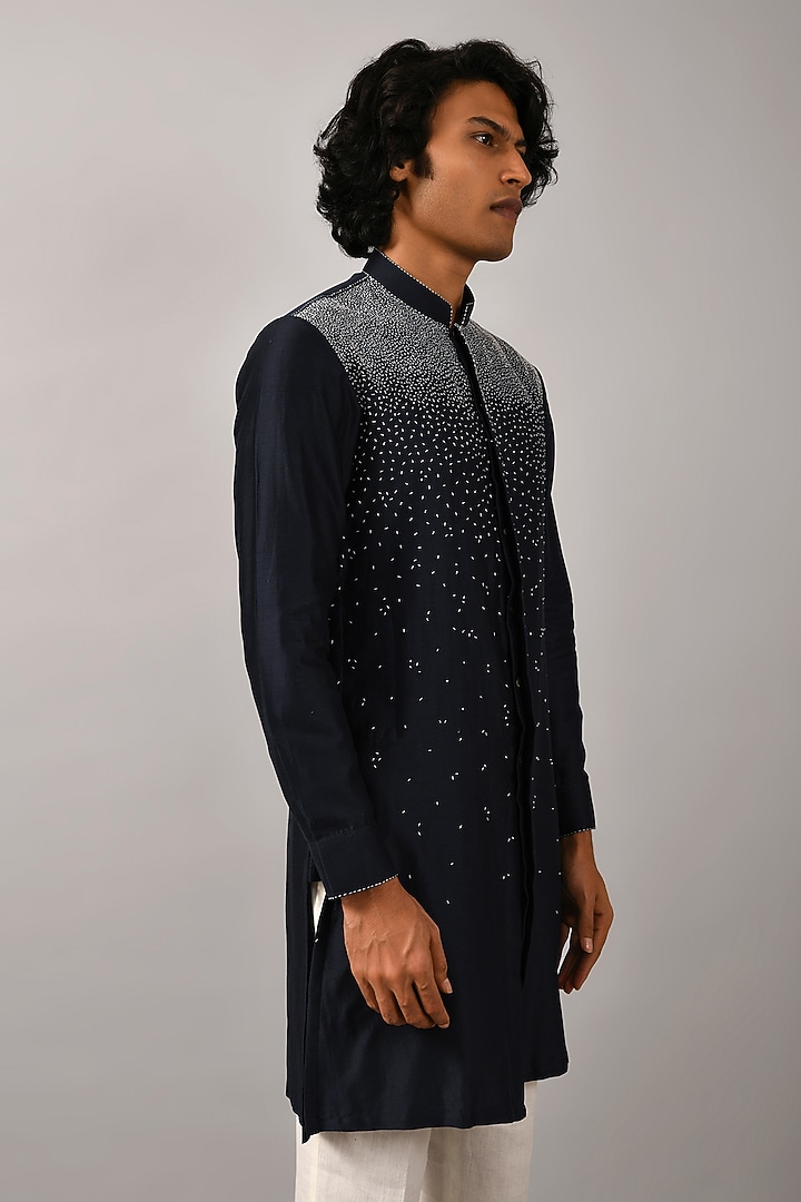 Navy Blue Chanderi Hand Embroidered Kurta by Countrymade at Pernia's Pop Up Shop