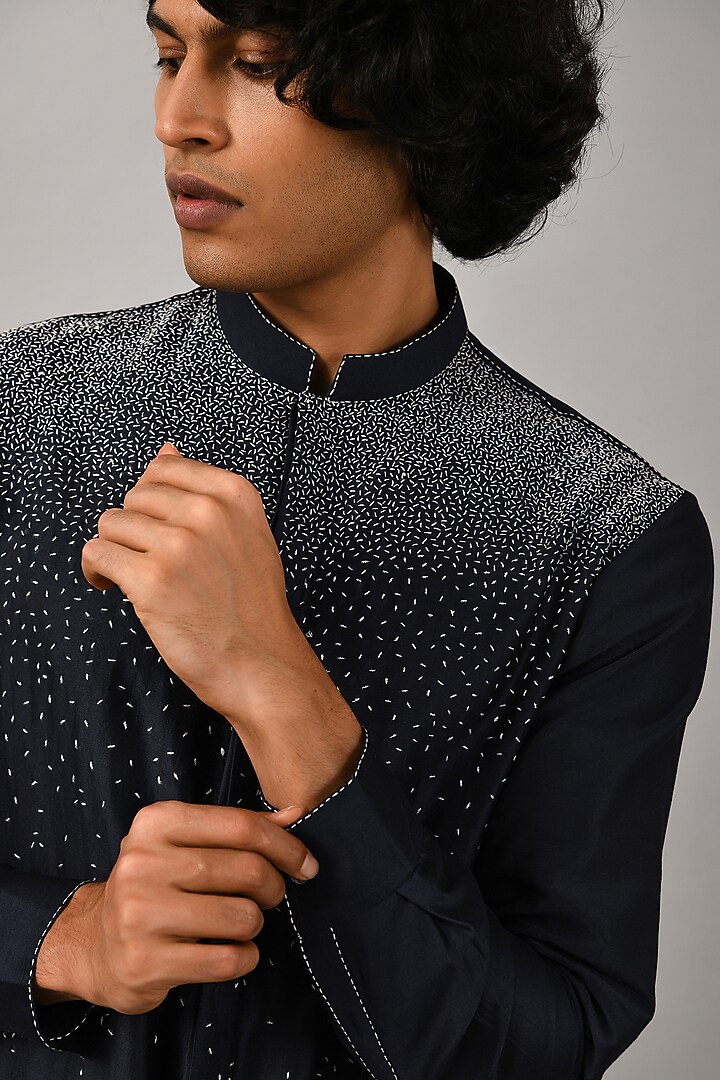 Navy Blue Chanderi Hand Embroidered Kurta by Countrymade at Pernia's Pop Up Shop