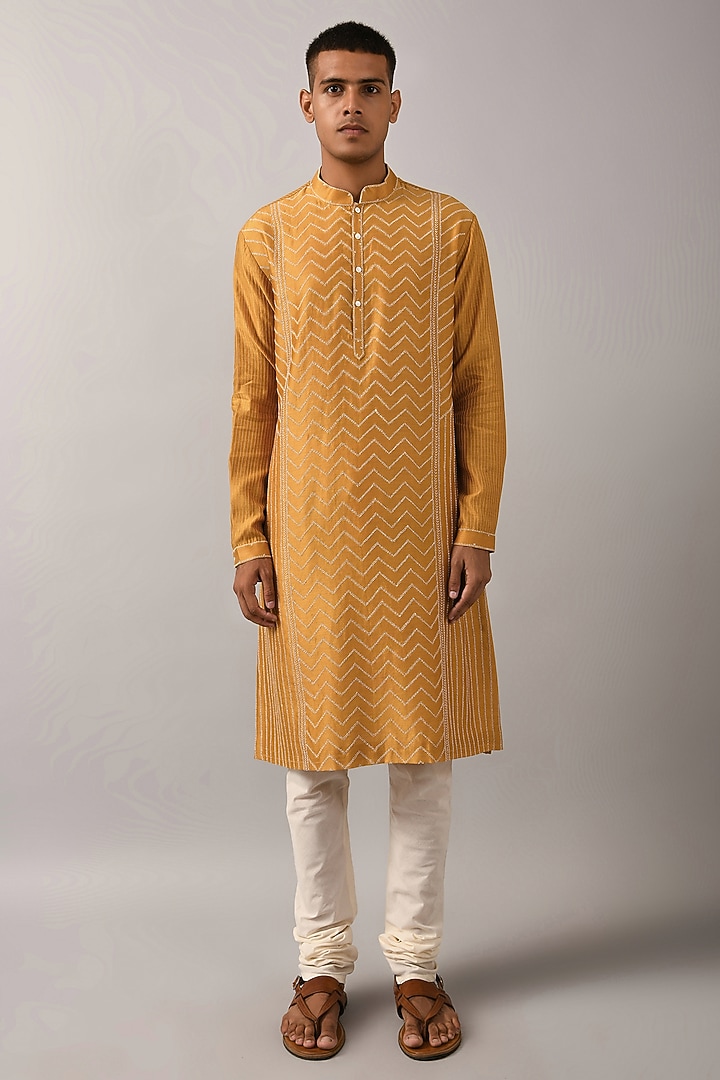 Mustard Chanderi Hand Embroidered Kurta Set by Countrymade at Pernia's Pop Up Shop