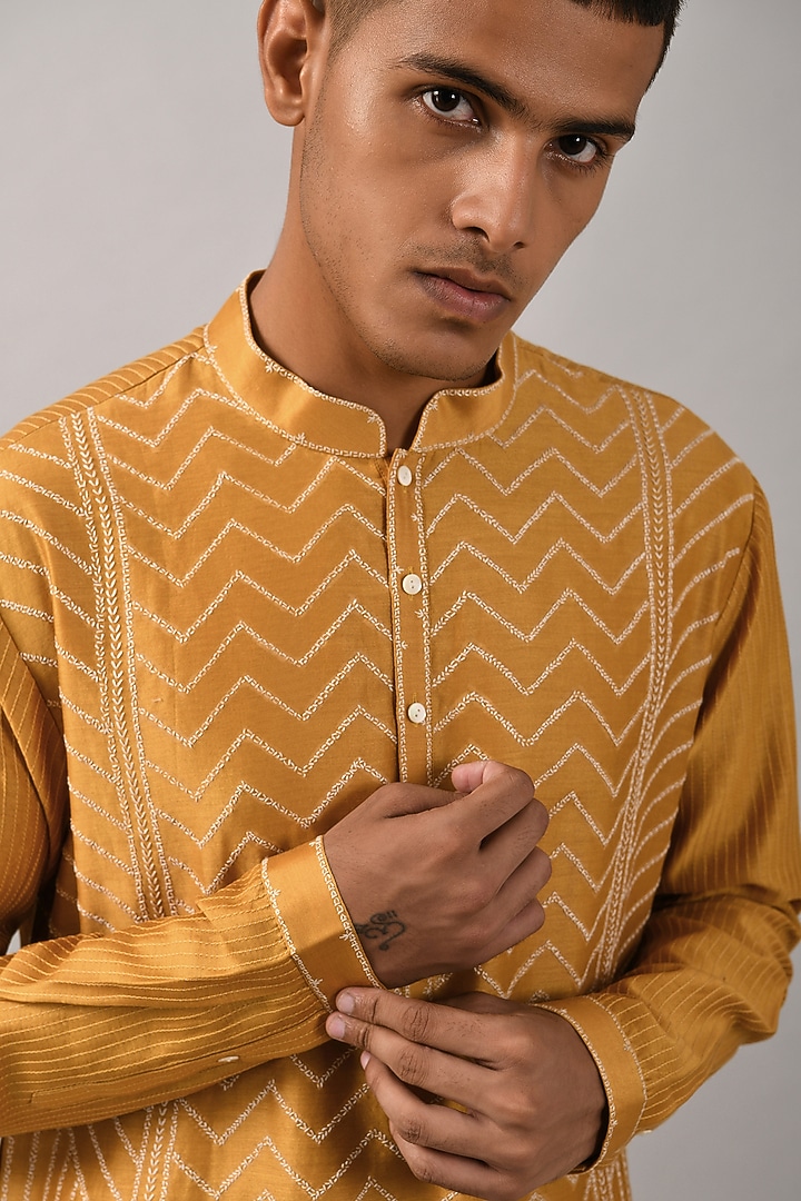 Mustard Chanderi Hand Embroidered Kurta Set by Countrymade at Pernia's Pop Up Shop