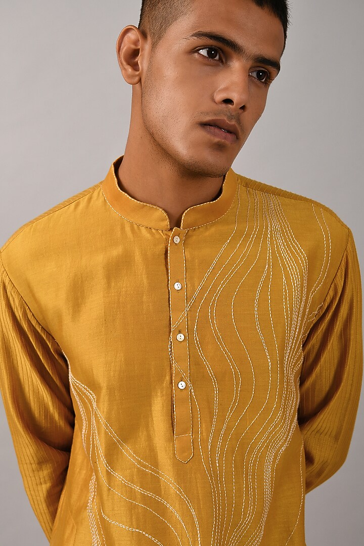 Mustard Chanderi Hand Embroidered Kurta Set by Countrymade at Pernia's Pop Up Shop